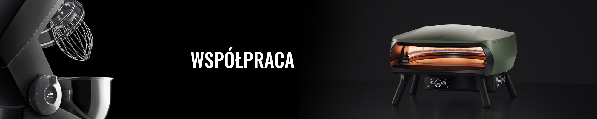 Widok pieca do pizzy Witt w ogrodzie. Na bannerze hasło Współpraca. Dołącz do sieci partnerów Witt.