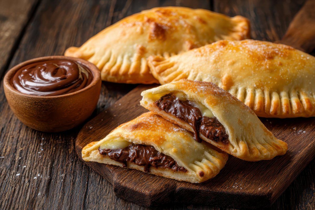 Calzone z nadzieniem czekoladowym na drewnianym blacie