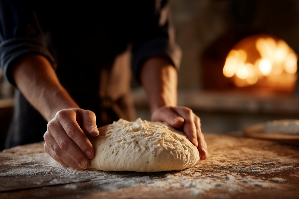Dłonie mężczyzny wyrabiają ciasto na pizzę w tle widać ogień w piecu