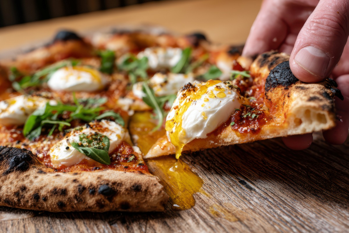 Dłoń sięgająca po apetyczny kawałek pizzy z mozzarellą i listkami rukoli