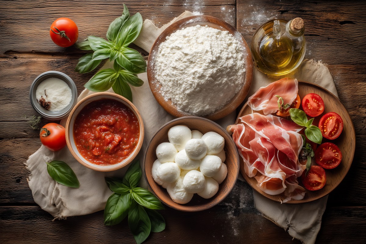 widok z góry na przygotowane składniki do przygotowania pizzy