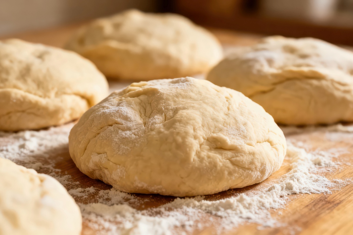 przygotowane porcje ciasta na pizzę leżą na oprószonym mąką drewnianym blacie