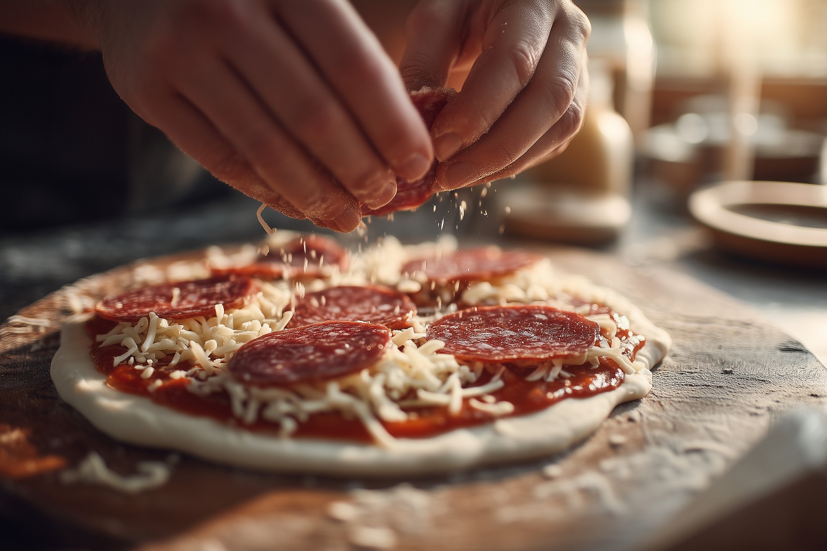 Dłonie pizzaiolo nad pizzą z serem i salami gotową do wypieku