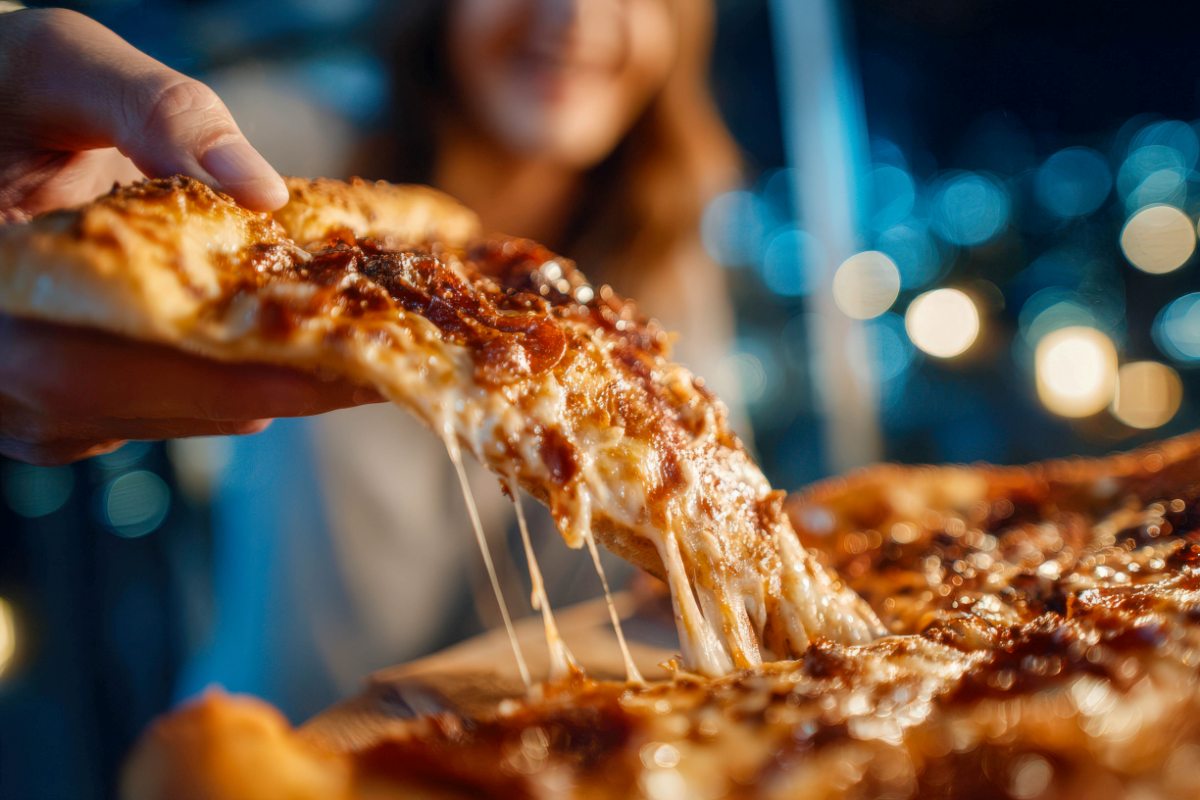 Zbliżenie na rękę podnoszącą kawałek pizzy. W tle impreza i kolorowe światła
