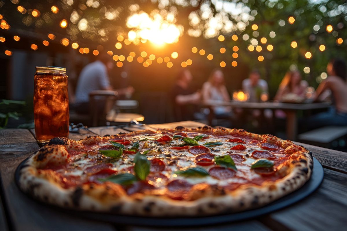 Na pierwszym planie pizza na drewnianym stole, w tle widać znajomych siedzących przy stole, na drzewach wiszą lampki i zachodzi słońce.